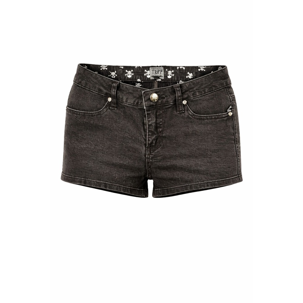 Vtg Tripp NYC‎ Skull Crossbones Micro Mini Shorts Sz 1 Denim Y2K 90s Mall Goth